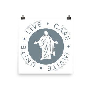 May include: A white poster with a blue circle in the center. The circle features a white silhouette of Jesus with outstretched arms. The text around the circle reads "The Gospel of Jesus Christ Live Unite Care Invite All to Receive the Gospel Families for Eternity For Those in Need".