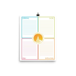 Op de afbeelding: Een printbaar werkblad dat is verdeeld in vier secties met de labels "Spiritueel", "Sociaal", "Fysiek" en "Intellectueel". In het midden van het werkblad bevindt zich een gele cirkel met een witte tempel en de tekst "Confia en Jehova con todo tu corazon".