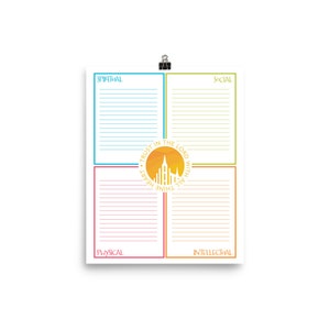 Peut inclure: Une affiche divisée en quatre sections : Spirituel, Social, Physique et Intellectuel. Le centre présente un motif circulaire avec le texte "Trust in the Lord with all thine heart" autour d'une illustration d'un bâtiment.
