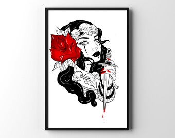 Red Rose  | Mystical Flower Demon Wall Art Illustration Print | Trendy Gothic Framed Wall Art | Dark Art For Dorm Room, Home Decor