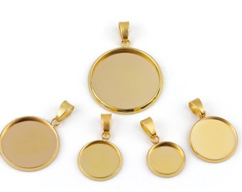 10 x DIY kit Round golden pendant kit 25mm tray bezel glass cabochon gold craft