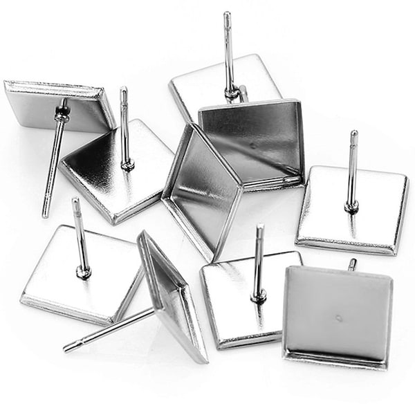 20pcs Stainless Steel square Earrings Bezel Blank Base 10mm cabochon earring settings, diy ear hooks findings, No allergic Earring Posts