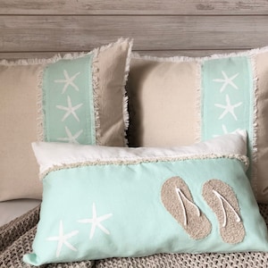 Coastal Cotton Pillow case cover, Ocean Home Decor, Beach Cottage, Coastal Cushion, Nautical Pillow, Decorative Throw Pillows, bright aqua