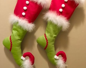 27" Christmas Stockings, Elf Stocking, Grinch green and red, Marabou Feather