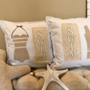 Vintage Swimsuit Pillow Cover: Nautical Coastal Cushion, Fringed Cotton