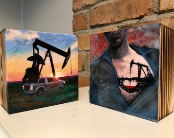 A man and his truck and Pumpjack Tattoo. Set of 2