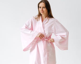 Short Cotton Bathrobe - Plain Pink Robe with Pockets & Long Sleeves - Lightweight Cotton Loungewear for Women