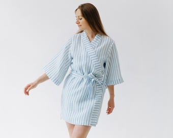 Bata kimono de lino a rayas - Ropa de dormir ligera hecha a mano