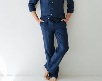 Marineblauwe loose-fit linnen broek voor heren - Wijde herenbroek van biologisch linnen - Zomerloungebroek voor heren