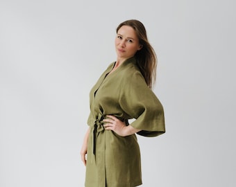 Olive green linen kimono robe for women - soft linen dressing gown - linen loungewear for women - short linen robe - linen night gown set