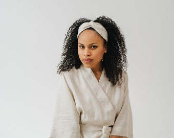 Bata kimono corta de lino para mujer - Bata de lino beige - Ropa de estar de lino para mujer - Bata de novia de lino - Camisón de lino