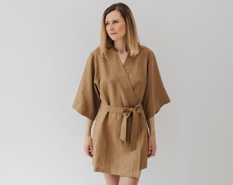 Bata de lino - camisón corto beige para mujer - bata kimono de lino - albornoz de lino suave - bata de lino lavada a la piedra - ropa de estar de lino