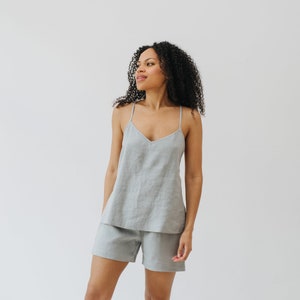 Light gray linen sleep set for women - two pieces pajama set shorts and strap top - soft linen nightgown - stone washed linen loungewear