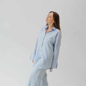 Linen sleepwear set - two pieces pajama set - loose linen pants and shirts - light blue loungewear - soft linen nightgown set - linen pajama