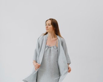 Bata kimono de lino ligero para mujer - bata de lino a rayas - vestido de dormir de lino - ropa de dormir de lino