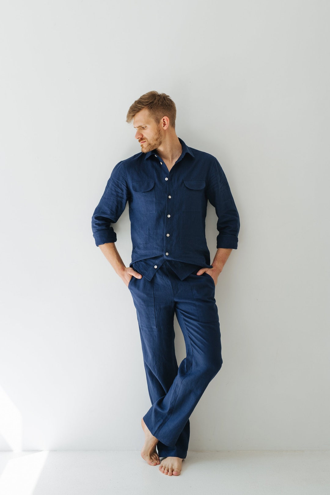 Navy Loose Fit Linen Pants for Men - Baggy Mens Trousers in