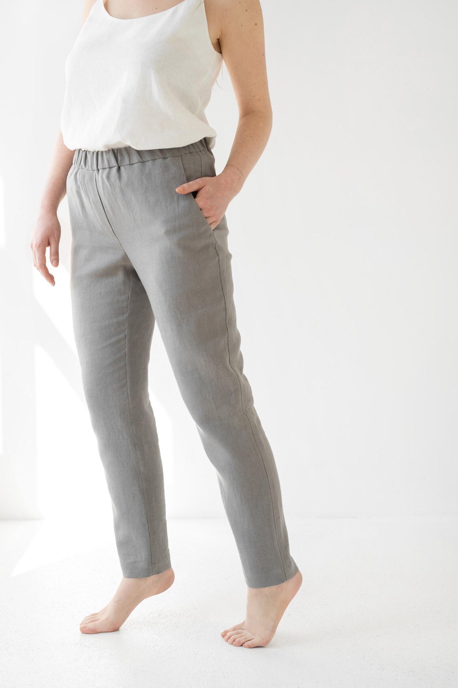 Pull on Linen Pants for Women / Elastic Waist Tapered Linen Etsy