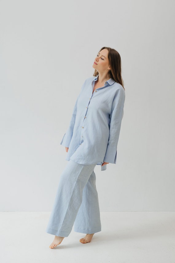 Linen sleepwear set - two pieces pajama set - loose linen pants and shirts - light blue loungewear - soft linen nightgown set - linen pajama