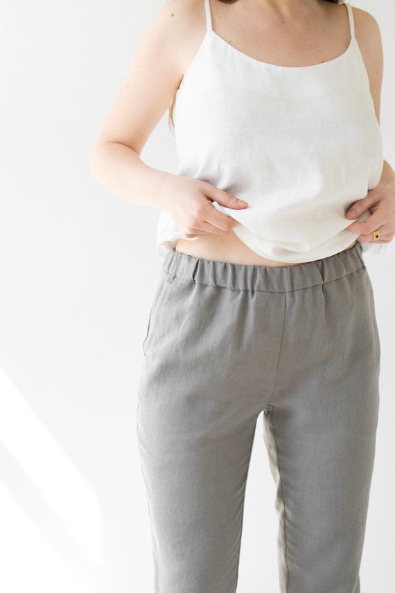 Pull on Linen Pants for Women / Elastic Waist Tapered Linen Pants