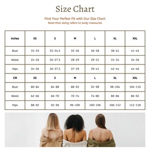 May include: Size chart for clothing with measurements in inches and centimeters. The chart shows bust, waist, and hip measurements for sizes XS, S, M, L, XL, and XXL.