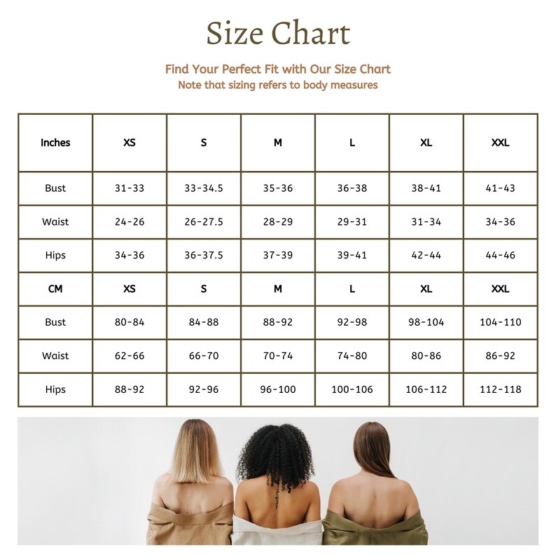 May include: Size chart for clothing with measurements in inches and centimeters. The chart shows bust, waist, and hip measurements for sizes XS, S, M, L, XL, and XXL.