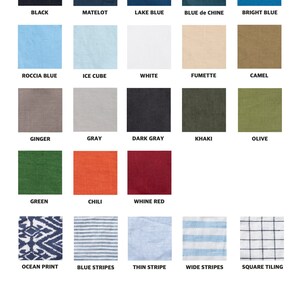 May include: A color chart showing 20 different fabric swatches. The swatches are arranged in a grid of five rows and four columns. The swatches are labeled with the following names: Black, Matelot, Lake Blue, Blue de Chine, Bright Blue, Roccia Blue, Ice Cube, White, Fumete, Camel, Ginger, Gray, Dark Gray, Khaki, Olive, Green, Chili, Whine Red, Ocean Print, Blue Stripes, Thin Stripe, Wide Stripes, Square Tiling. The text "PLEASE NOTE THAT ACTUAL COLOR MAY VARY DUE TO YOUR COMPUTER RESOLUTION" is printed at the bottom of the chart.