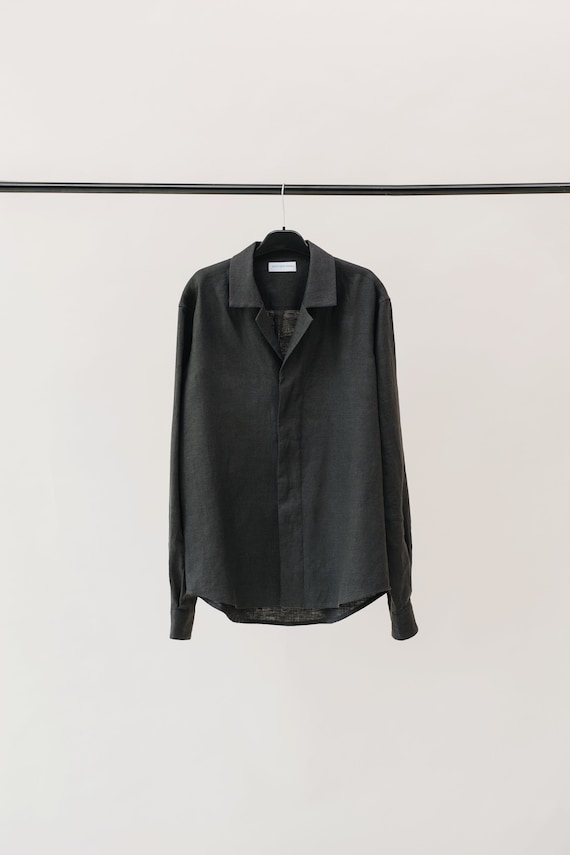 Charcoal Linen Mens Shirts - Button up Shirts High Hidden Front
