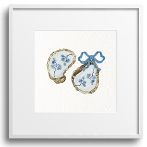 Oyster Shells with Blue Bow Art Print: Coastal Wall Decor (Digital Download)