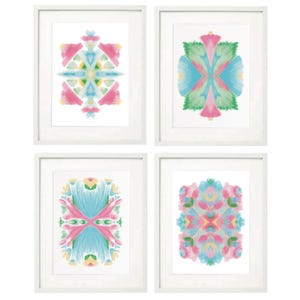 Four Abstract Chinoiserie Pink Green Blue Acrylic Printable Art ~ Wall Art ~  Bright Floral Art Posters ~ Printable Instant Download