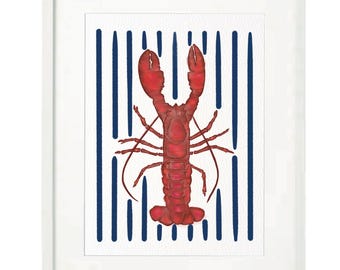 Red Lobster Coastal Art Print: Blue Stripes (Digital Download)