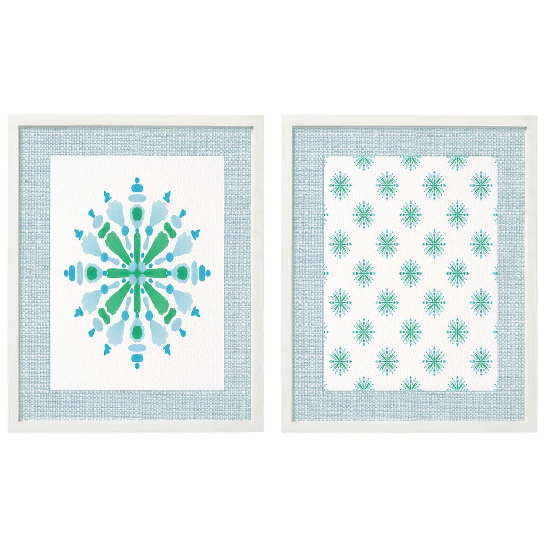 Chinoiserie Wall Art Set, Blue & Green Abstract Prints (digital ...