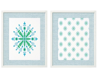 Chinoiserie Wall Art Set, Blue & Green Abstract Prints (Digital Download)