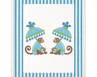 Monkeys with Umbrellas Watercolor Art Print: Preppy Green & Blue (Digital Download)