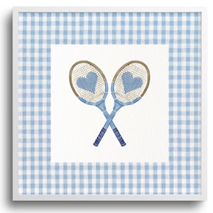 Arte de raquetas de tenis con corazones azules: Póster cuadrado imprimible (descarga digital)
