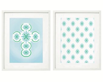 Set Of Two Chinoiserie Blue And Green Pattern Cross Printable Art ~ Wall Art ~  Blue Green Abstract Art Posters ~ Printable Instant Download