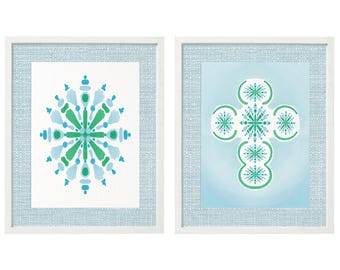 Chinoiserie Cross Print Set, Blue & Green Abstract Art (Digital Download)