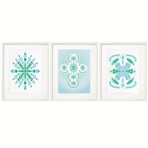 Three Chinoiserie Blue Green Design Cross Preppy Printable Art ~ Watercolor Wall Art ~  Blue Green Abstract Art Posters ~ Printable Download