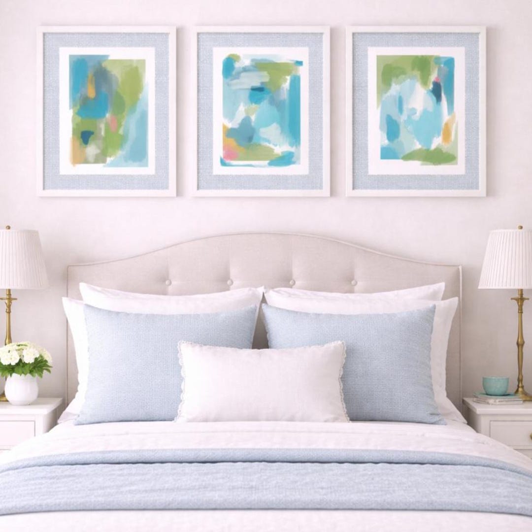 Blue Green Abstract Art Prints: Set of 3 Watercolor Brushstrokes ...