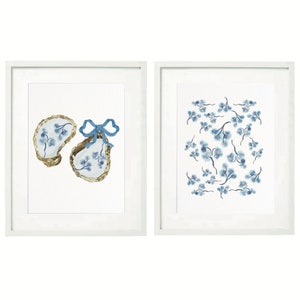 Set of 2 Chinoiserie Printable Art ~ Home Wall Art ~ Chinoiserie Blue Bow Oysters Floral Posters ~ Printable Instant Downloadable