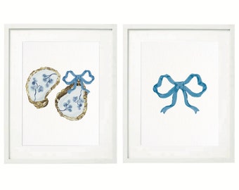 Set of 2 Chinoiserie Printable Art ~ Home Wall Art ~ Chinoiserie Blue Bow And Oyster Posters ~ Printable Instant Downloadable