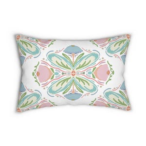 Floral Lumbar Pillow: Pink, Blue & Green Abstract Print - 20&quot; x 14&quot;