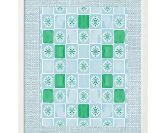 Chinoiserie Tile Art Print: Blue & Green Abstract Pattern (Digital Download)