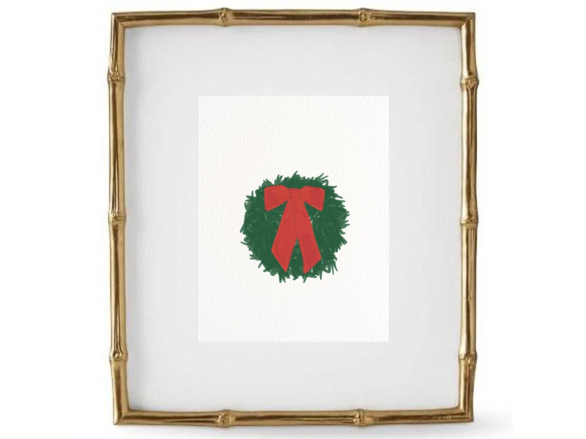 Christmas Wreath Art Print Red Bow Holiday Decor Digital Download Etsy