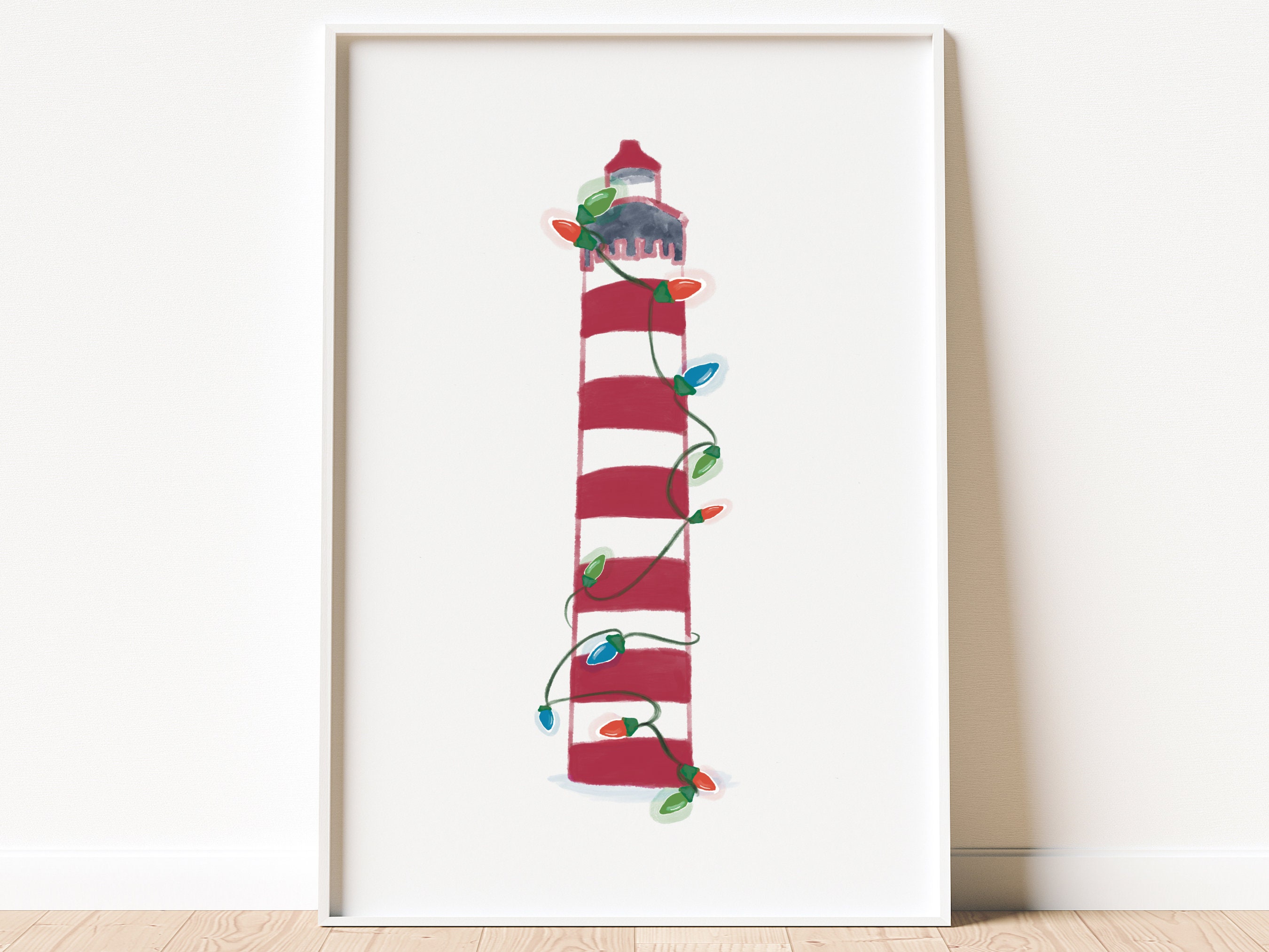 Lighthouse &amp; Christmas Lights Printable Art Wall Art Christmas Lights ...