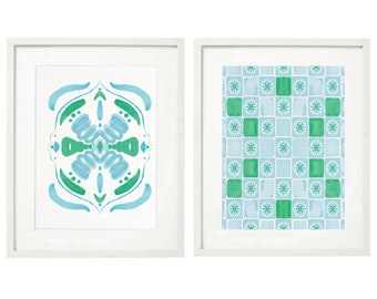 Set Of Two Chinoiserie Blue And Green Swirl Tile Printable Art ~ Wall Art ~  Blue Green Abstract Art Posters ~ Printable Instant Download