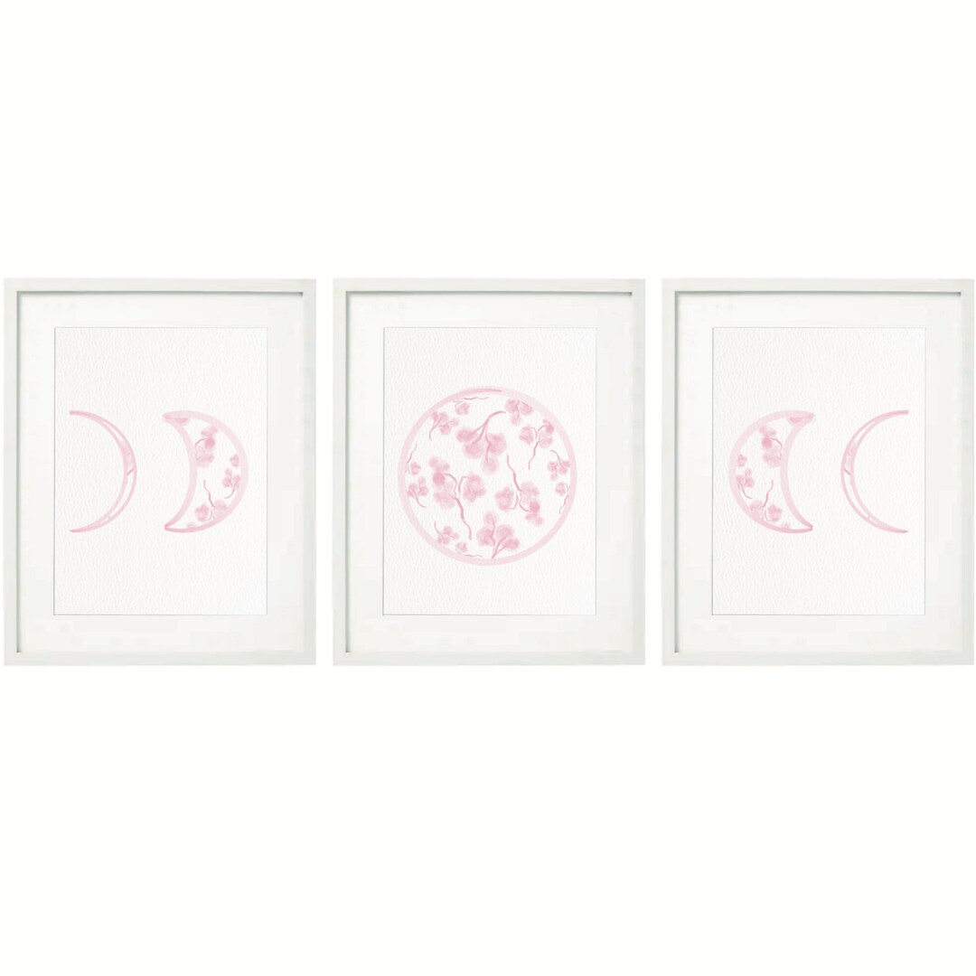 Moon Phases Pink Preppy Floral Watercolor Art Set of 3 Pink Moon Phase ...