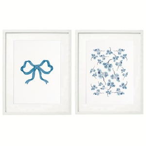 Chinoiserie Floral & Blue Bow Art Prints: Coastal Home Decor (Digital Download)