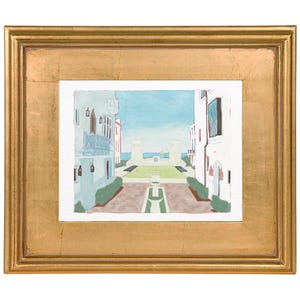 May include: A framed painting depicting a coastal town scene. The artwork features white buildings, a green lawn, and a blue sky and sea. The frame is gold-colored with a textured finish, adding a touch of elegance to the artwork.