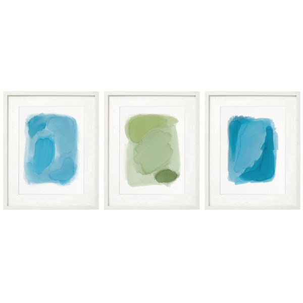 Blue Green preppy watercolor blot abstract art piece Set of 3 Blue Green Printable Art Wall Posters ~ Printable Instant Downloadable