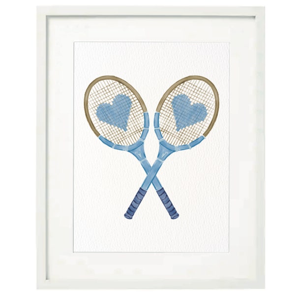 Tennis Rackets With Blue Hearts Printable Art ~ Wall Art ~ Blue And White Tennis Posters ~ Printable Instant Downloadable